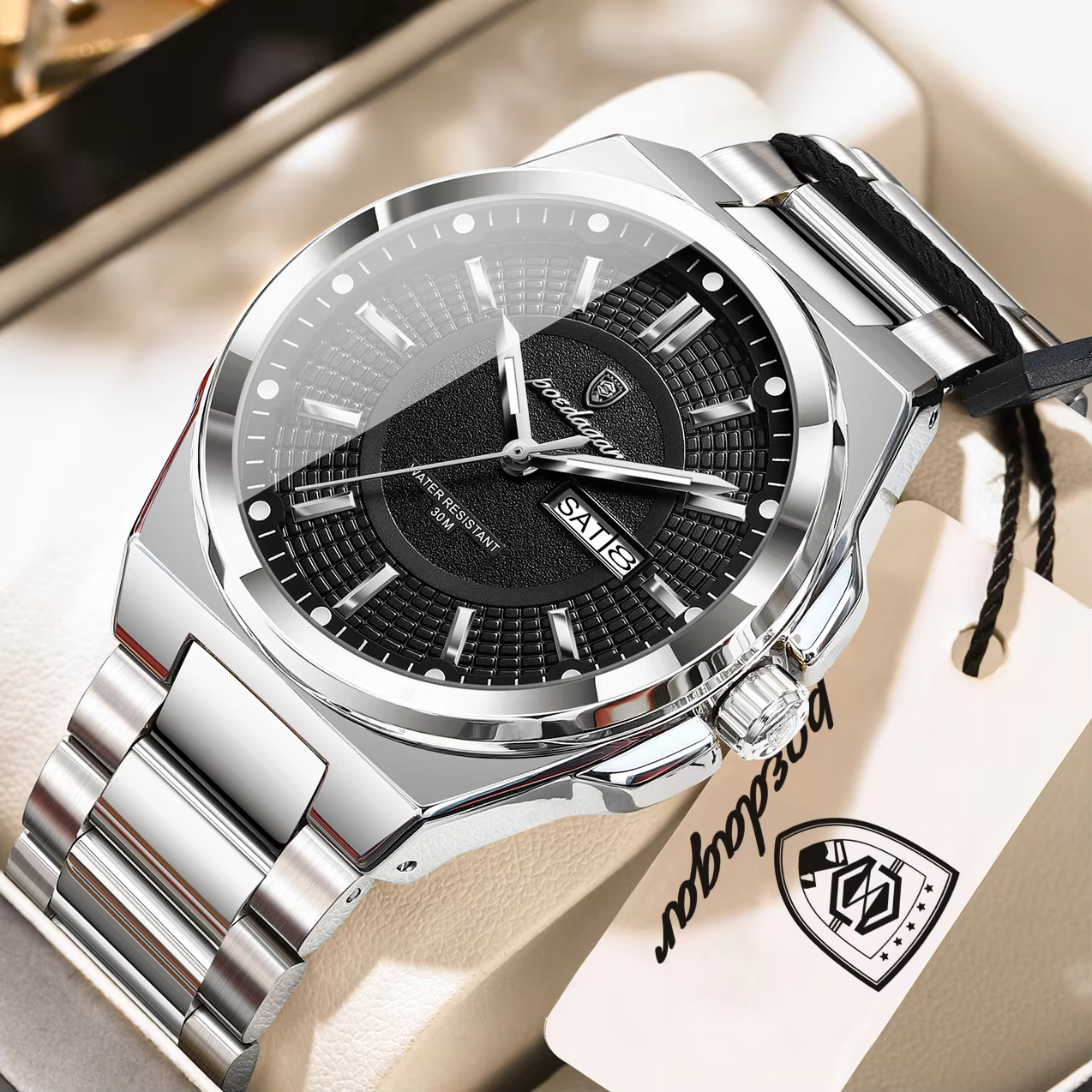 POEDAGAR 896 Quartz Analog Watch, silver-black variation with a stainless steel band.