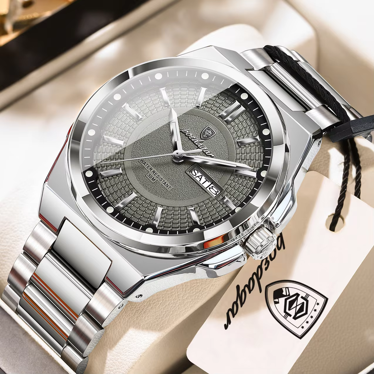 POEDAGAR 896 Quartz Analog Watch in silver gray with a stainless steel band.