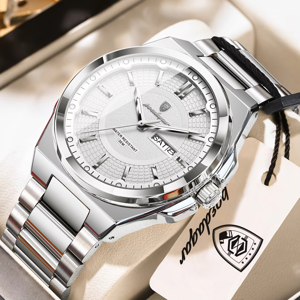 Silver white POEDAGAR 896 Quartz Analog Watch with a stainless steel band.