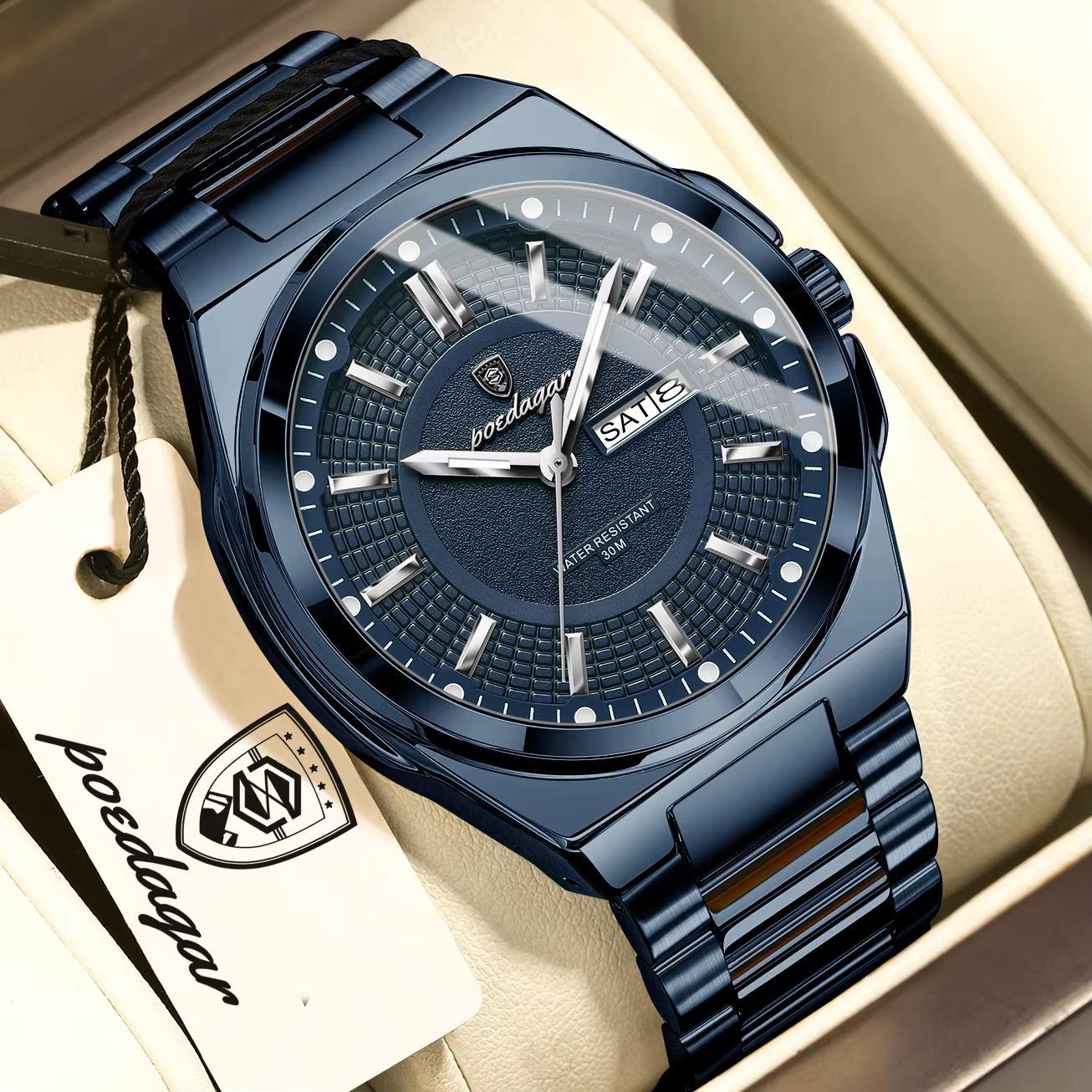 Blue POEDAGAR 896 Quartz Analog Watch with textured dial and date display.