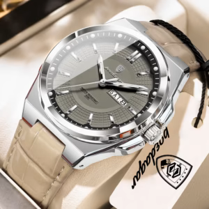 Silver-tone POEDAGAR 896L Quartz Analog Watch with grey dial and light beige leather strap.