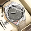POEDAGAR 896L Quartz Analog Watch with grey dial and light beige leather strap.