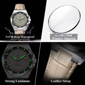POEDAGAR 896L Quartz Analog Watch gallery showing waterproof, hardlex, luminous, and leather strap details.