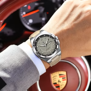 POEDAGAR 896L Quartz Analog Watch with gray dial and beige strap on wrist.