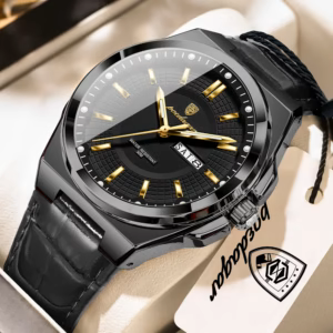 POEDAGAR 896L Quartz Analog Watch with a black dial, gold markers, and a black leather strap.