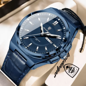 Blue POEDAGAR 896L Quartz Analog Watch featuring a textured dial and leather strap.