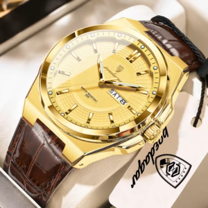POEDAGAR 896L Quartz Analog Watch in gold with a brown leather strap.