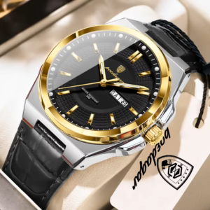 POEDAGAR 896L Quartz Analog Watch in gold and black with a black leather strap.
