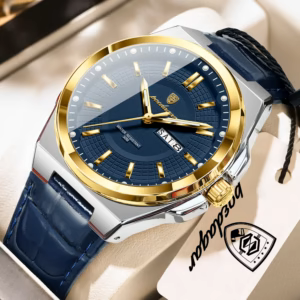 POEDAGAR 896L Quartz Analog Watch with a blue dial, gold bezel, and blue leather strap.