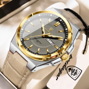 POEDAGAR 896L Quartz Analog Watch with gold bezel, gray dial, and beige leather strap.