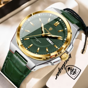 POEDAGAR 896L Quartz Analog Watch in gold and green with a textured dial and leather strap.
