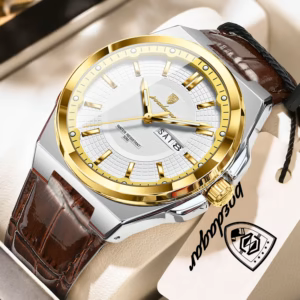 POEDAGAR 896L Quartz Analog Watch with a gold bezel, white dial, and brown leather strap.
