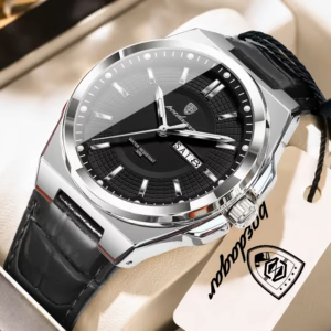 POEDAGAR 896L Quartz Analog Watch with silver case, black dial, and leather strap.