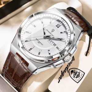 POEDAGAR 896L Quartz Analog Watch with a silver-white dial and brown leather strap.