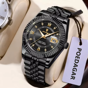 Black POEDAGAR 910 Quartz Analog Watch with a black dial and gold-tone Roman numerals.