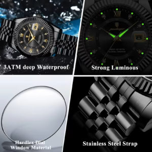 Black POEDAGAR 910 Quartz Analog Watch displaying luminous hands, Hardlex crystal, and stainless steel strap.