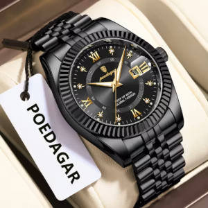 Black POEDAGAR 910 Quartz Analog Watch with gold-tone Roman numerals and a ridged bezel.