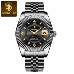 Black POEDAGAR 910 Quartz Analog Watch with a dark dial and stainless steel bracelet.