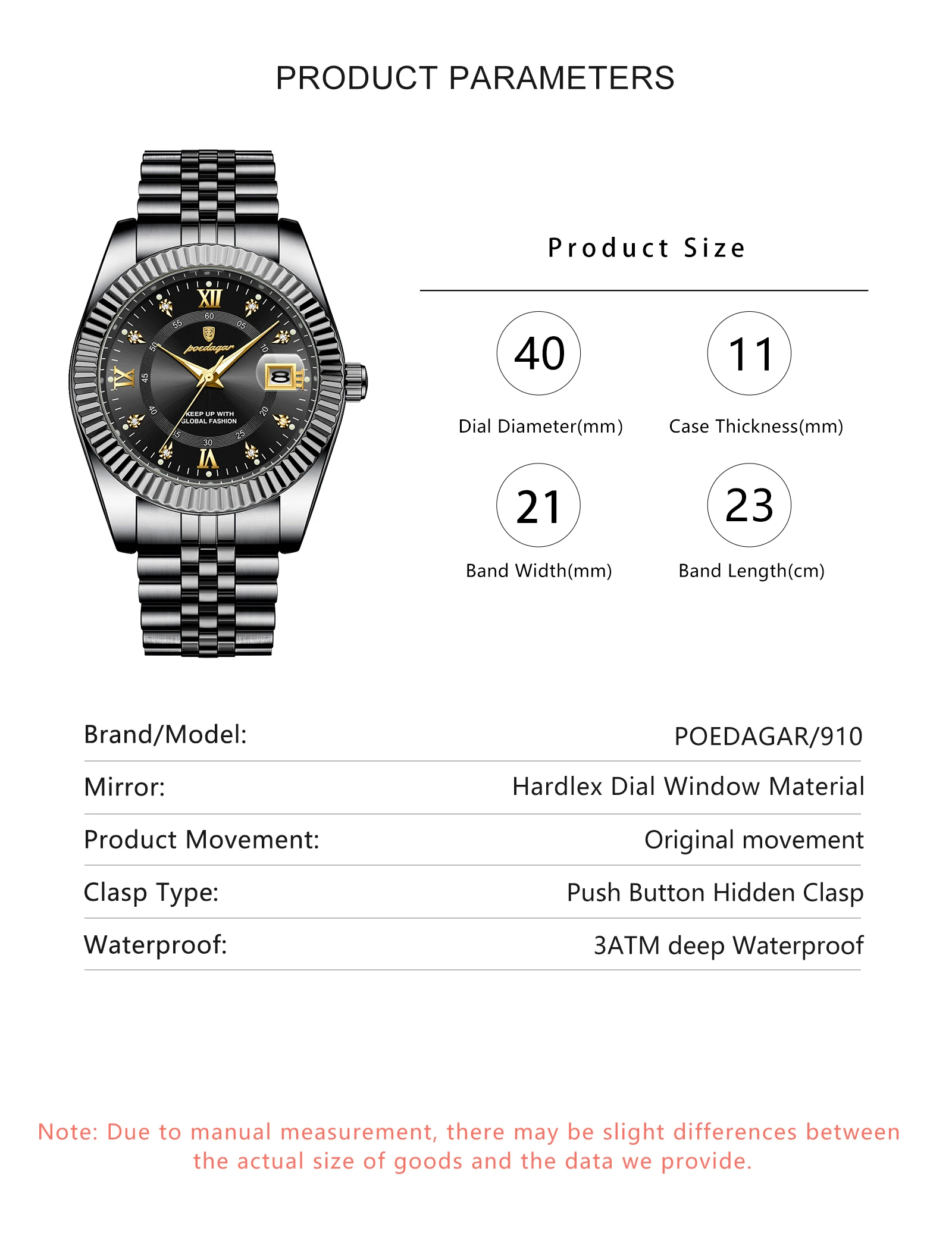 POEDAGAR 910 Quartz Analog Watch information.