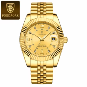 Gold POEDAGAR 910 Quartz Analog Watch with a gold dial, ridged bezel, and stainless steel bracelet.