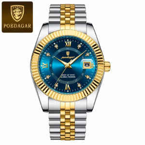POEDAGAR 910 Quartz Analog Watch variation in gold blue with a stainless steel bracelet.
