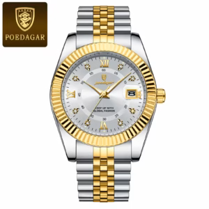 POEDAGAR 910 Quartz Analog Watch in gold white with a two-tone stainless steel bracelet.