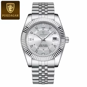 POEDAGAR 910 Quartz Analog Watch in silver white with a stainless steel bracelet.