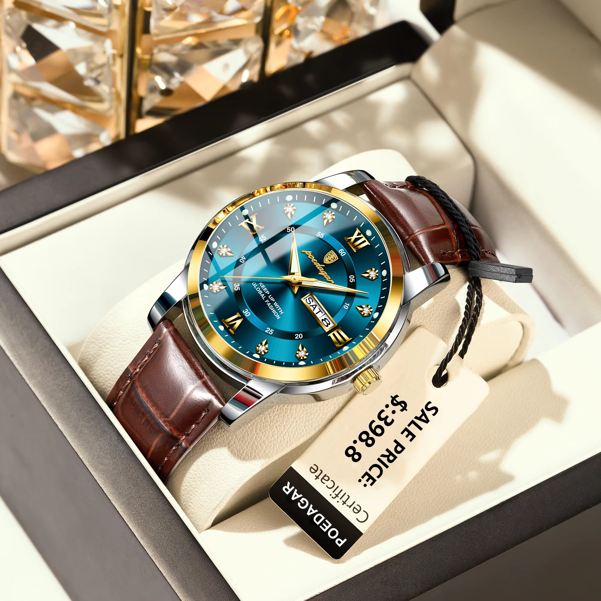 POEDAGAR 936L Quartz Analog Watch with blue dial, gold bezel, and brown leather strap.