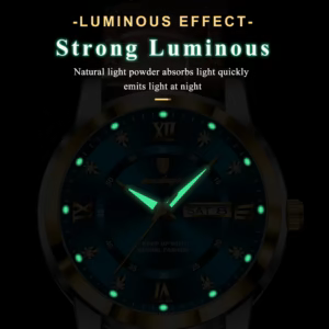 POEDAGAR 936L Quartz Analog Watch displaying green luminous hands and markers in the dark.