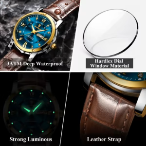 POEDAGAR 936L Quartz Analog Watch features: blue dial, luminous hands, crystal, and brown leather strap.