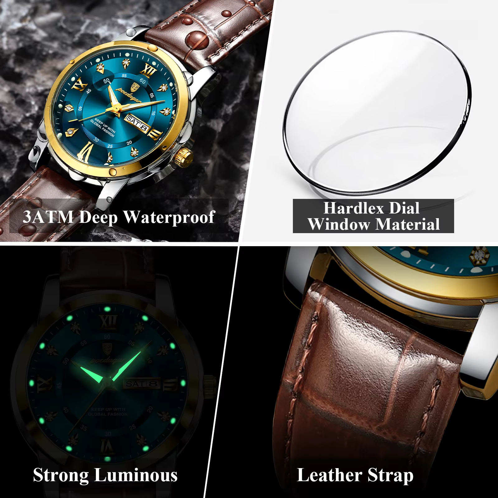 POEDAGAR 936L Quartz Analog Watch features: blue dial, luminous hands, crystal, and brown leather strap.
