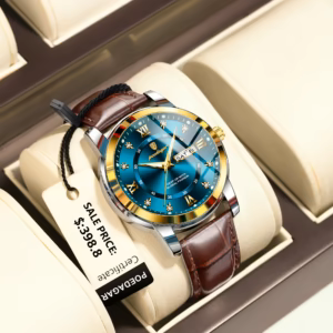 POEDAGAR 936L Quartz Analog Watch with a blue dial and brown leather strap.