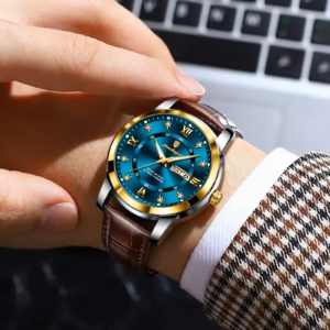 POEDAGAR 936L Quartz Analog Watch with blue dial and brown leather strap on wrist.