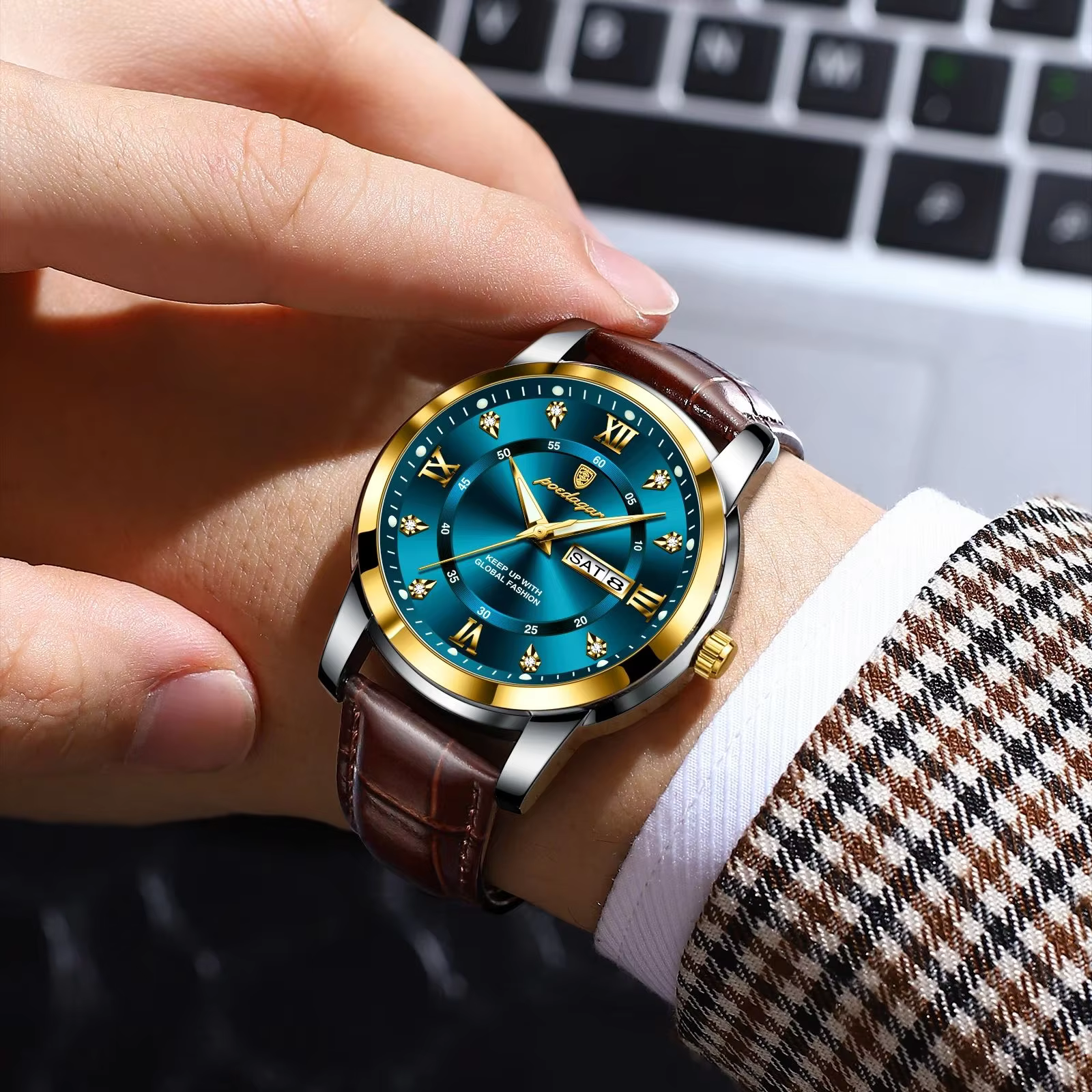 POEDAGAR 936L Quartz Analog Watch with blue dial and brown leather strap on wrist.