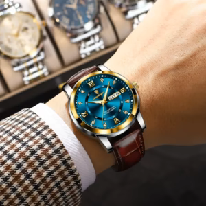 POEDAGAR 936L Quartz Analog Watch on wrist with blue dial and brown leather strap.