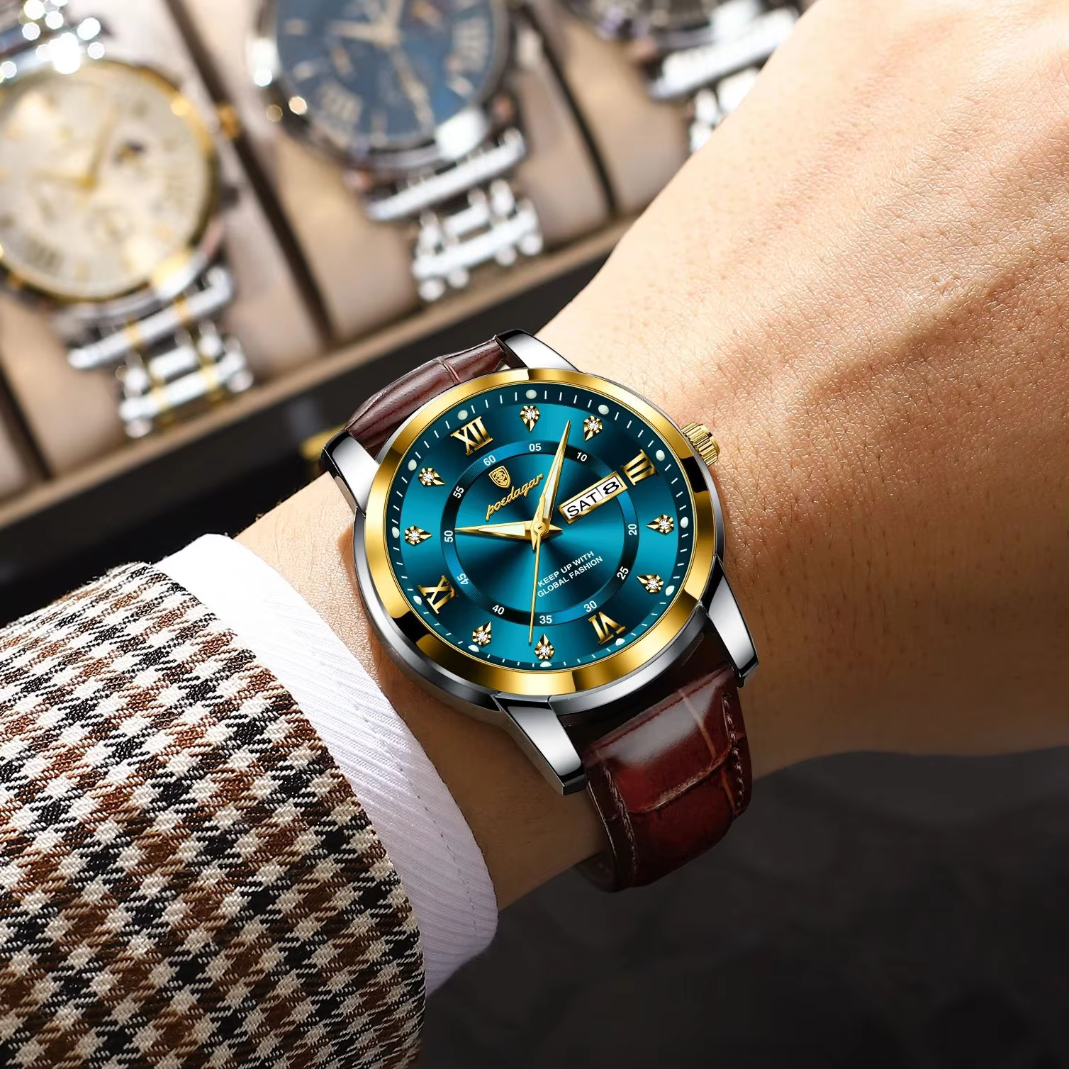 POEDAGAR 936L Quartz Analog Watch on wrist with blue dial and brown leather strap.