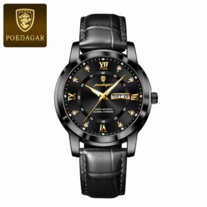 Black POEDAGAR 936L Quartz Analog Watch with a leather strap and black dial.