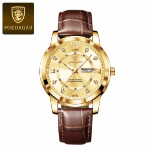 Gold POEDAGAR 936L Quartz Analog Watch with a brown leather strap.