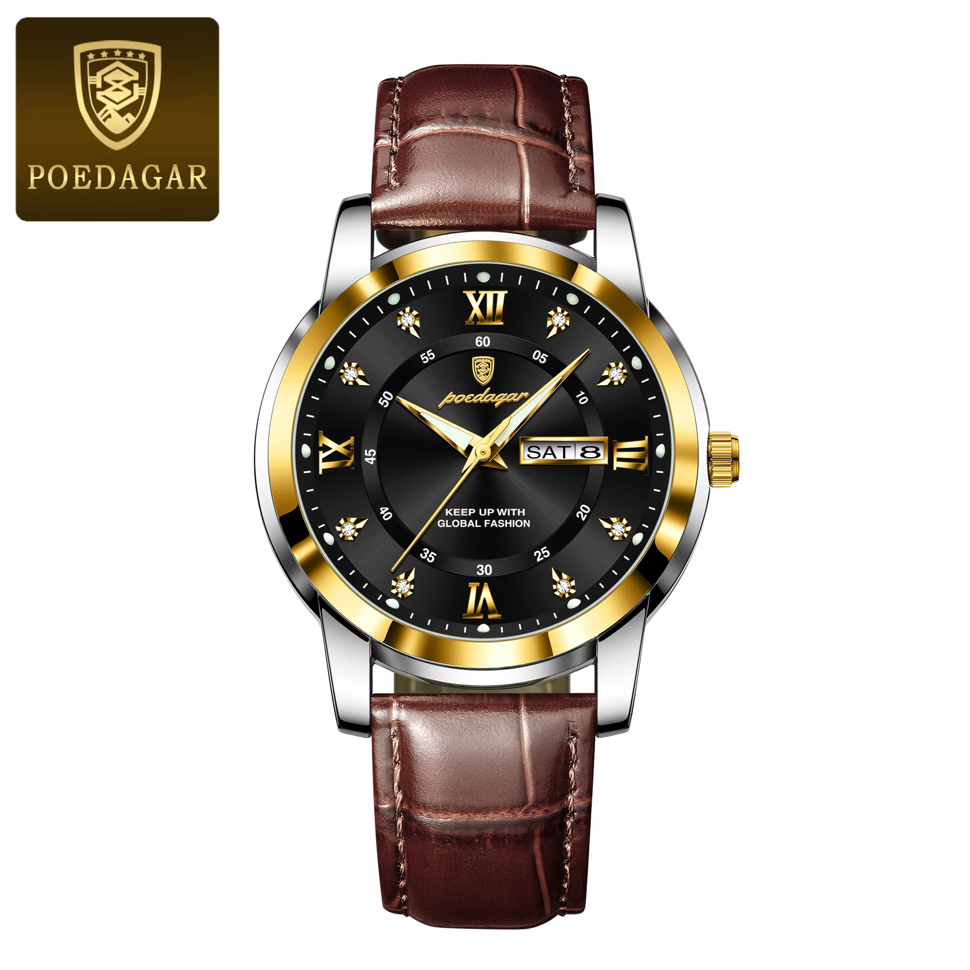 POEDAGAR 936L Quartz Analog Watch in gold and black with a brown leather strap.