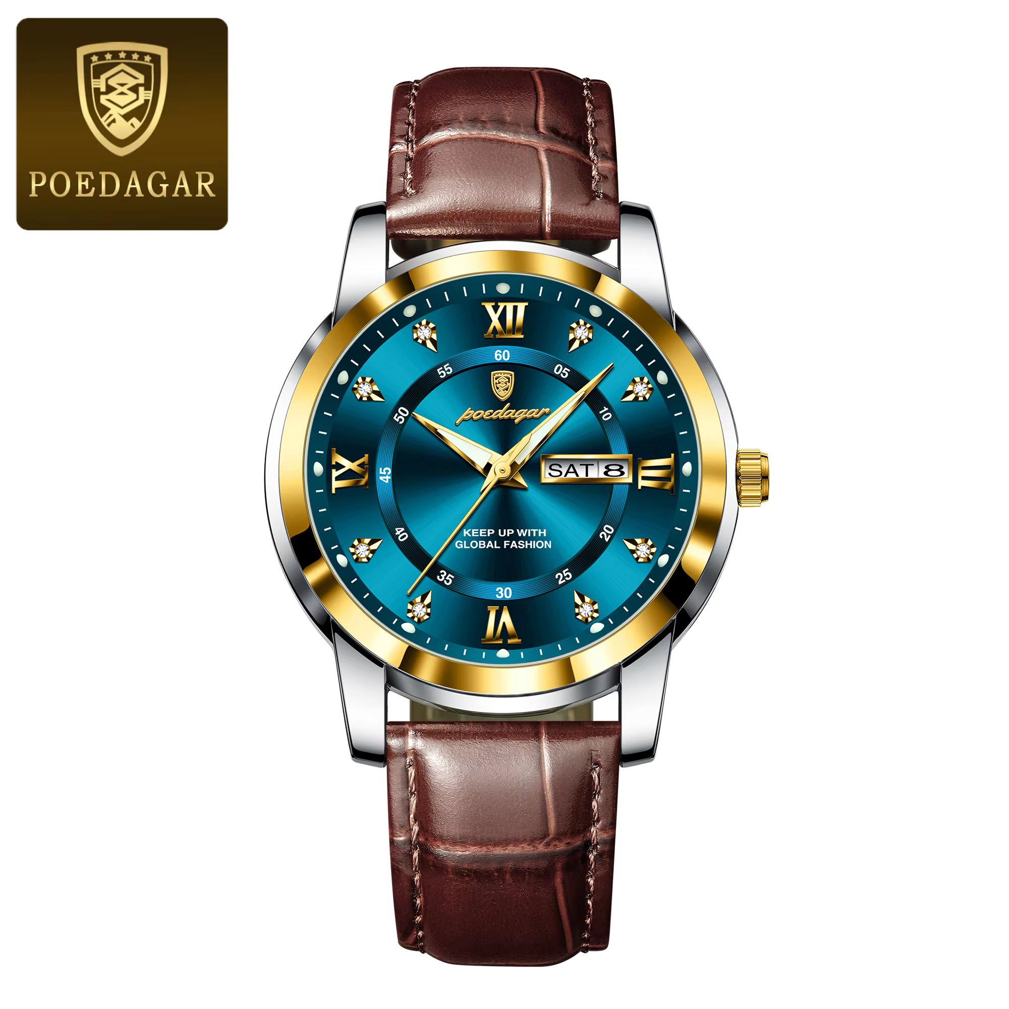 POEDAGAR 936L Quartz Analog Watch in gold blue with a brown leather strap.