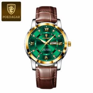 POEDAGAR 936L Quartz Analog Watch with a gold green dial and brown leather strap.