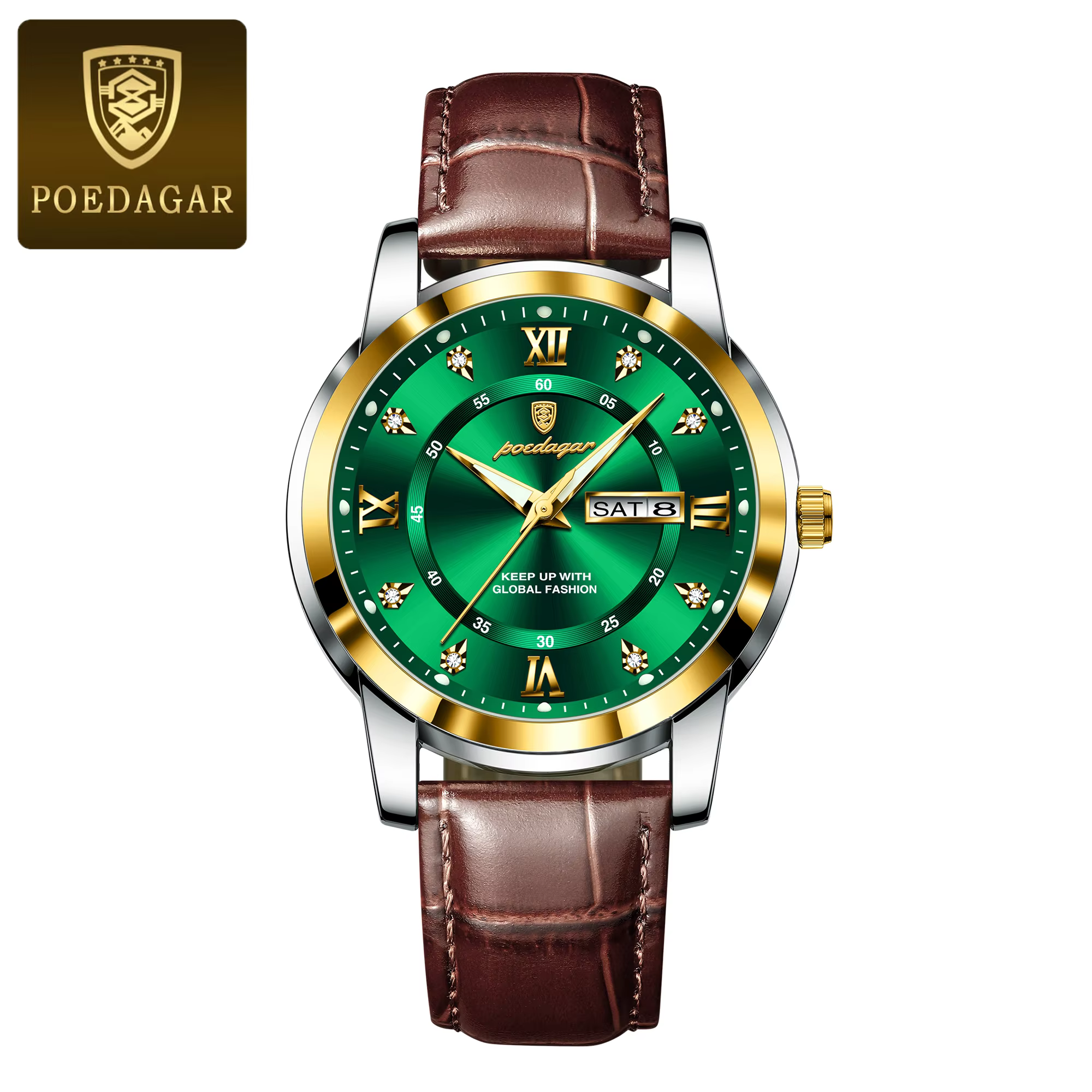 POEDAGAR 936L Quartz Analog Watch with a gold green dial and brown leather strap.