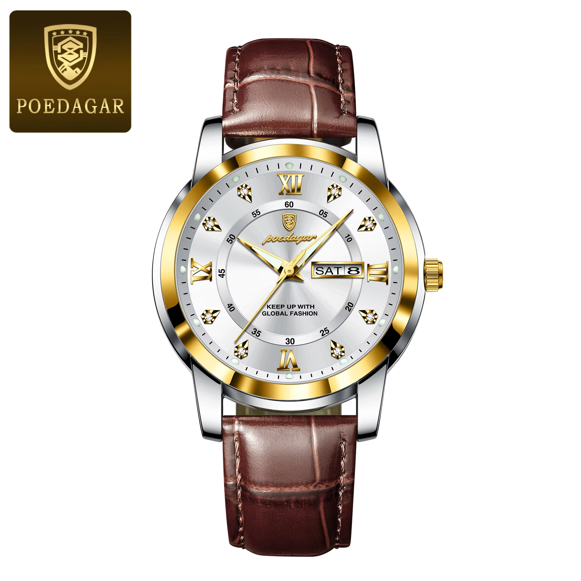 POEDAGAR 936L Quartz Analog Watch variation in gold and white with a brown leather strap.