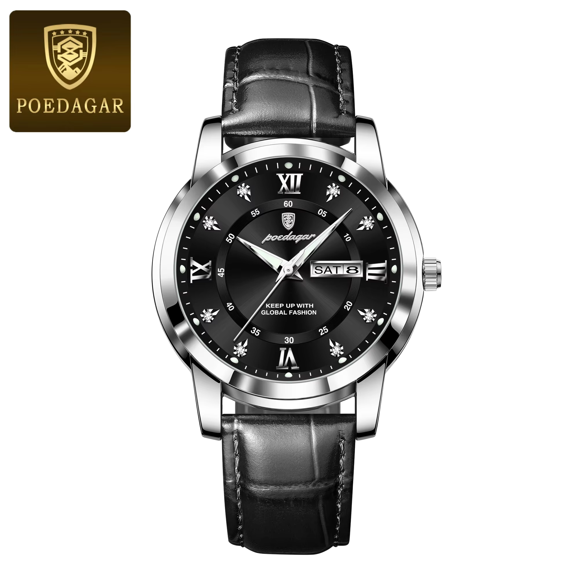 POEDAGAR 936L Quartz Analog Watch with a leather strap and black dial.