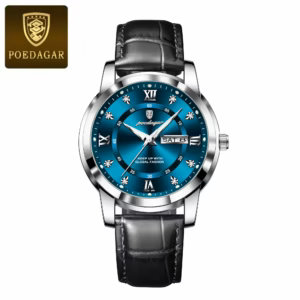 Silver blue POEDAGAR 936L Quartz Analog Watch with a black leather strap.