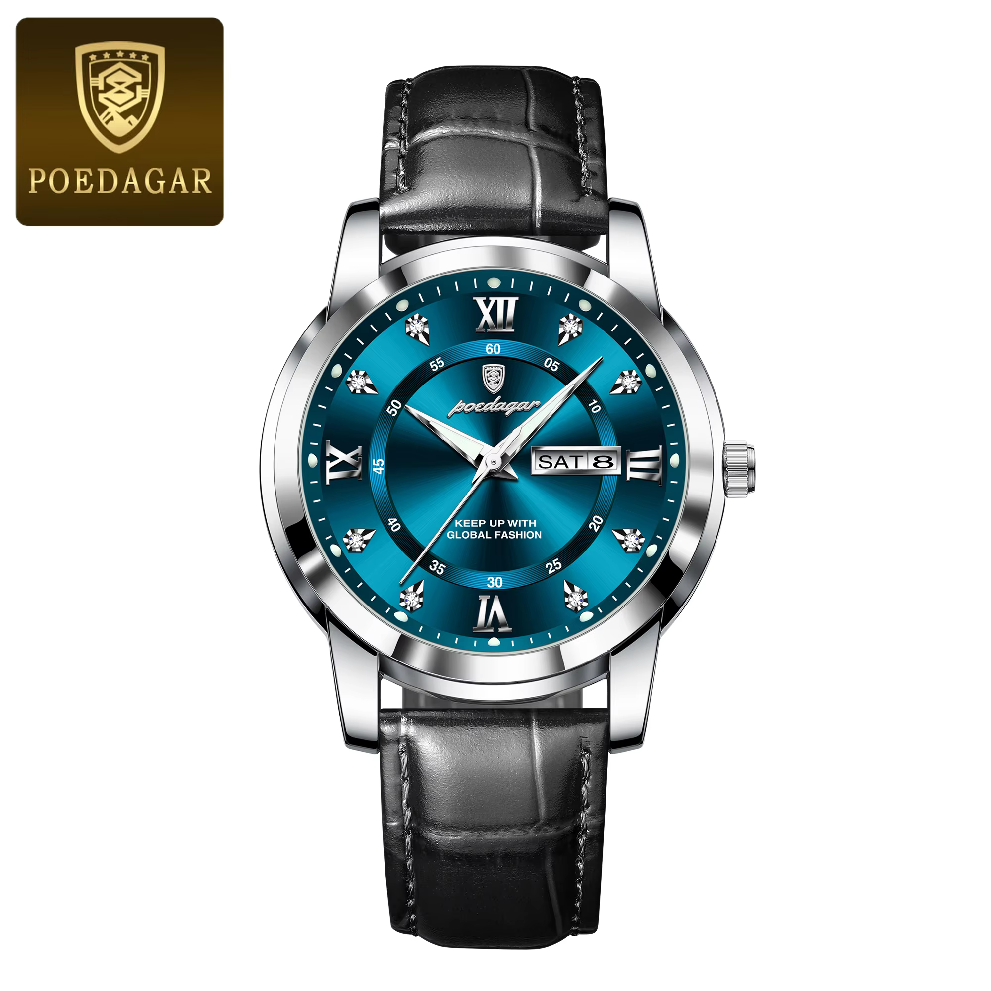 Silver blue POEDAGAR 936L Quartz Analog Watch with a black leather strap.