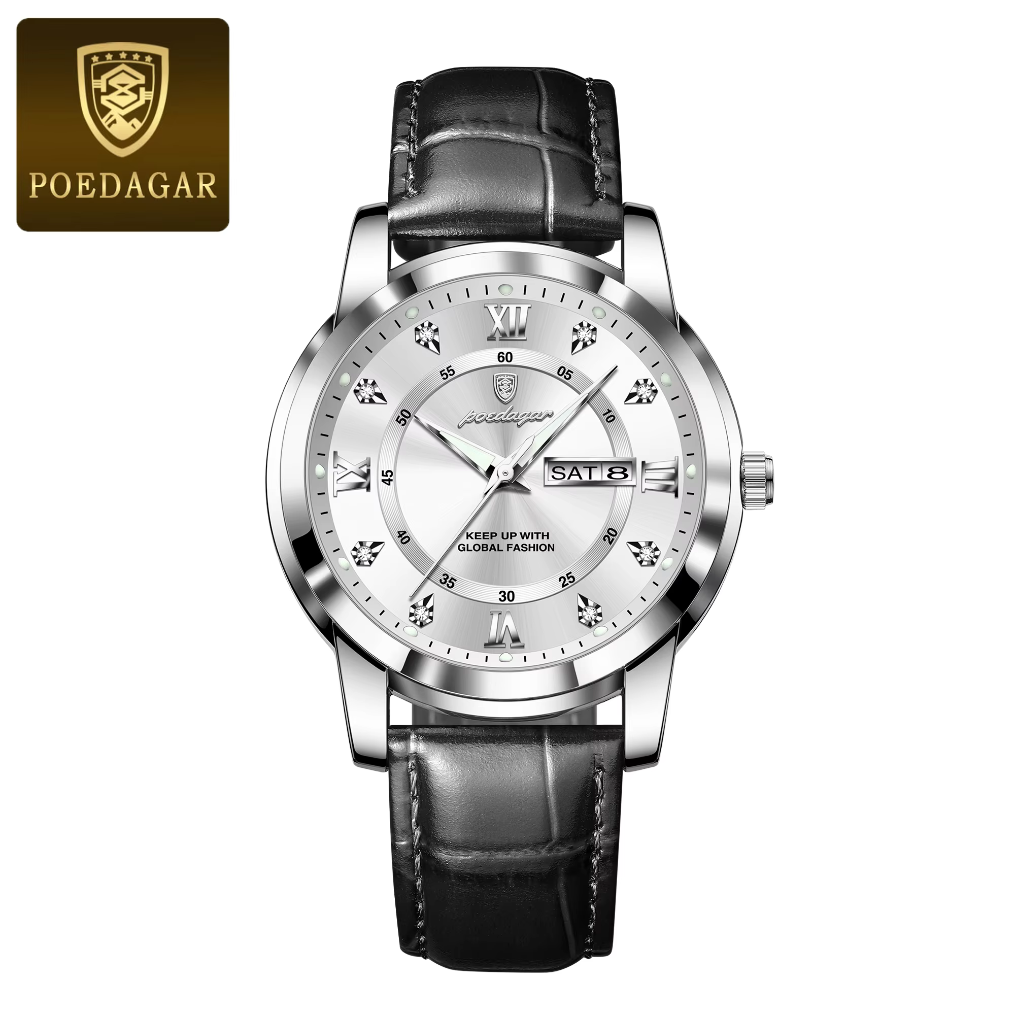 POEDAGAR 936L Quartz Analog Watch with a silver-white dial and a black leather strap.