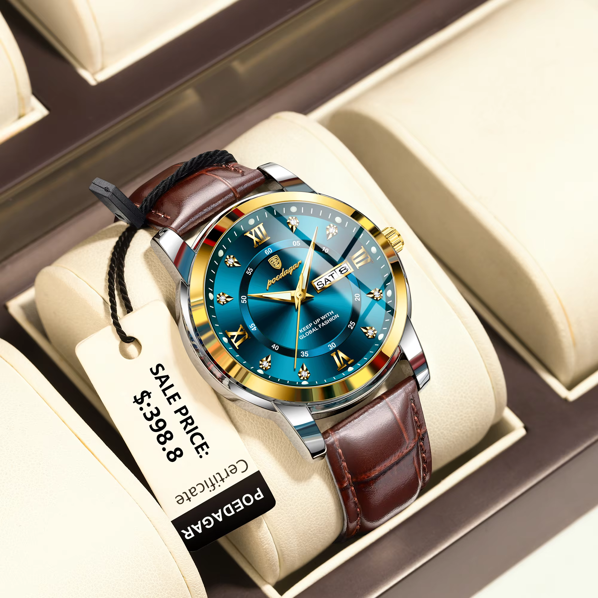 POEDAGAR 936L Quartz Analog Watch with a blue dial and brown leather strap.