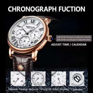 POEDAGAR 986 quartz chronograph watch with brown strap, sub-dials for minutes, seconds, 24-hr time, and date window.