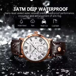 POEDAGAR 986 quartz chronograph watch featuring a 3ATM DEEP WATERPROOF rating for hand washing, rain, car washes, and cold baths.